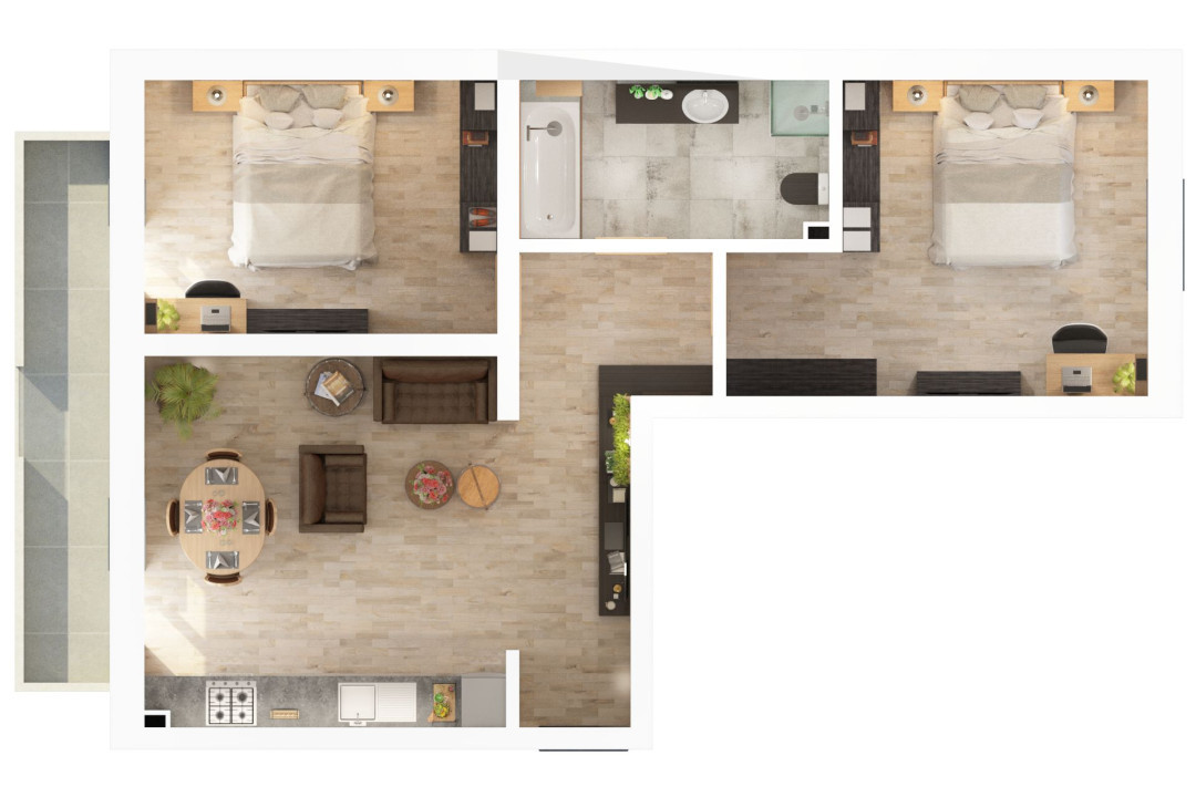 Apartament 3 camere - 77,8 mp utili - 2 balcoane 14,85 mp si 2 bai