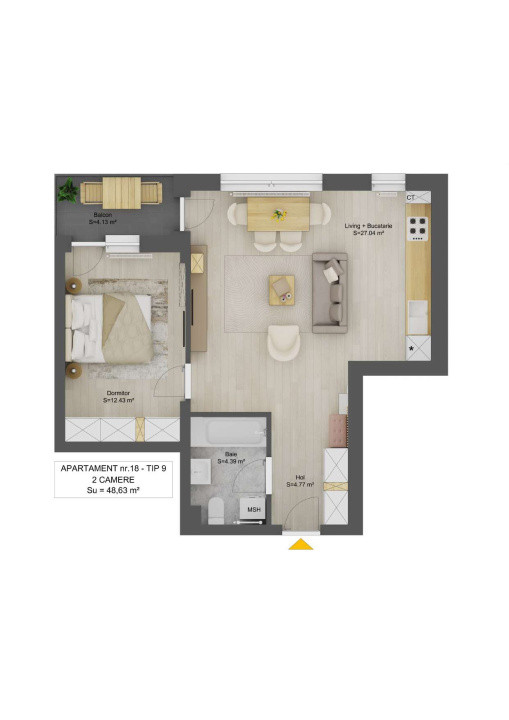 Apartament 2 camere la cheie balcon parcare 48,6mpu Et.3 Doamna Stanca