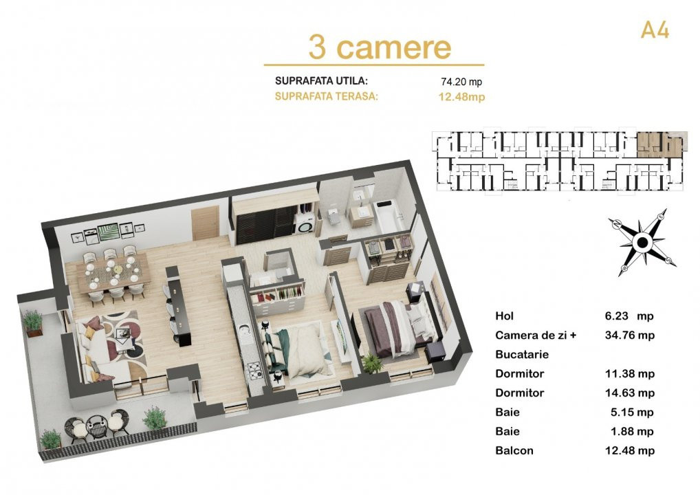 Apartament 3 camere de vamzare balcon parcare 74mp Avantgarden Sibiu