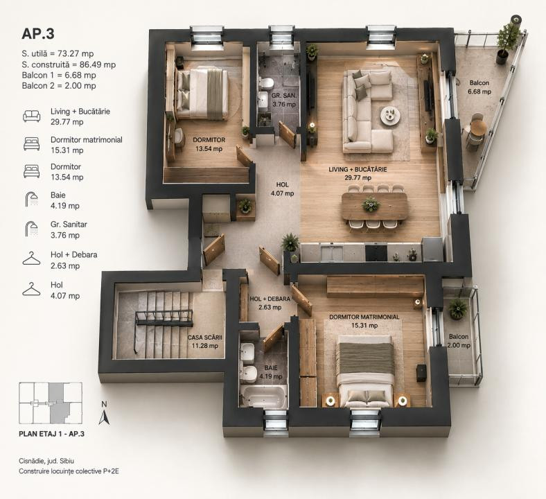Apartament 3 camere 2 bai  Premium Arhitectilor Sibiu