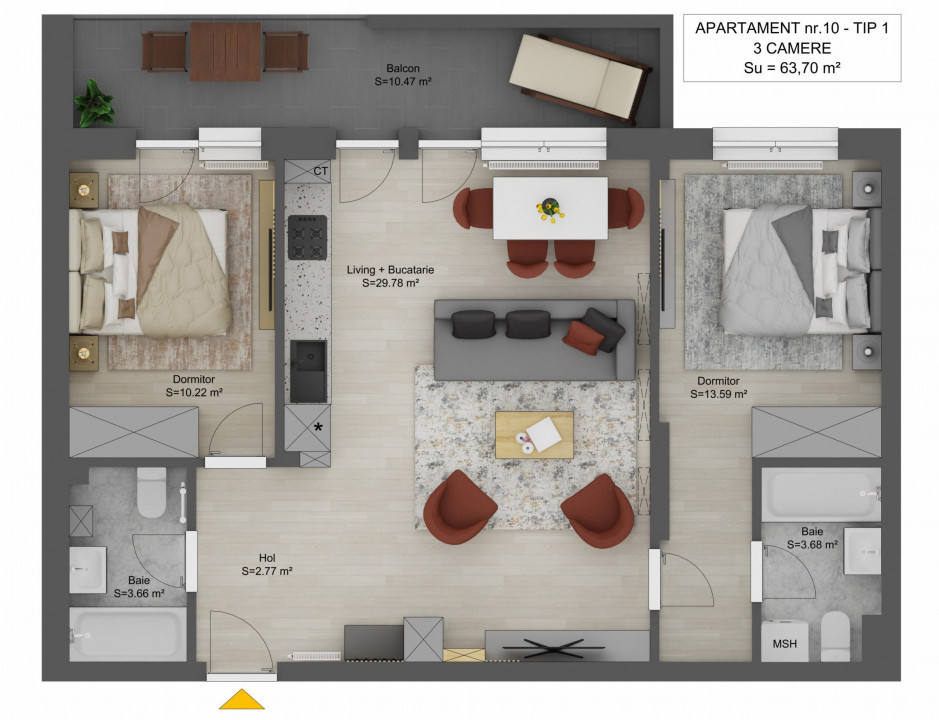 Apartament de vanzare 3 camere Sibiu Doamna Stanca 64mp finisat la alb