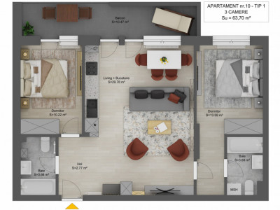 Apartament de vanzare 3 camere Sibiu Doamna Stanca 64mp finisat la alb