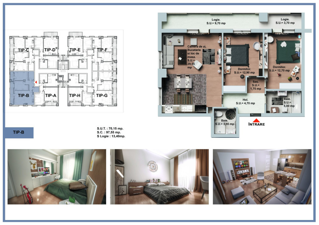 Apartament 3 camere - 2 bai - Logie 13.4 mp -Etaj 3