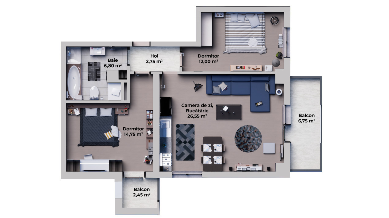 Apartament 3 camere - 2 balcoane 9,2 mp - Etaj 2