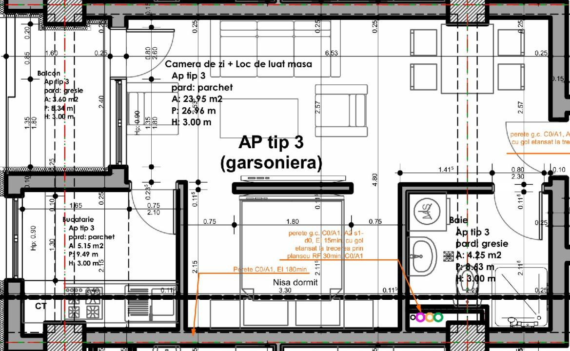 Apartament - Garsoniera bucatarie separata balcon de vanzare 33.6mpu