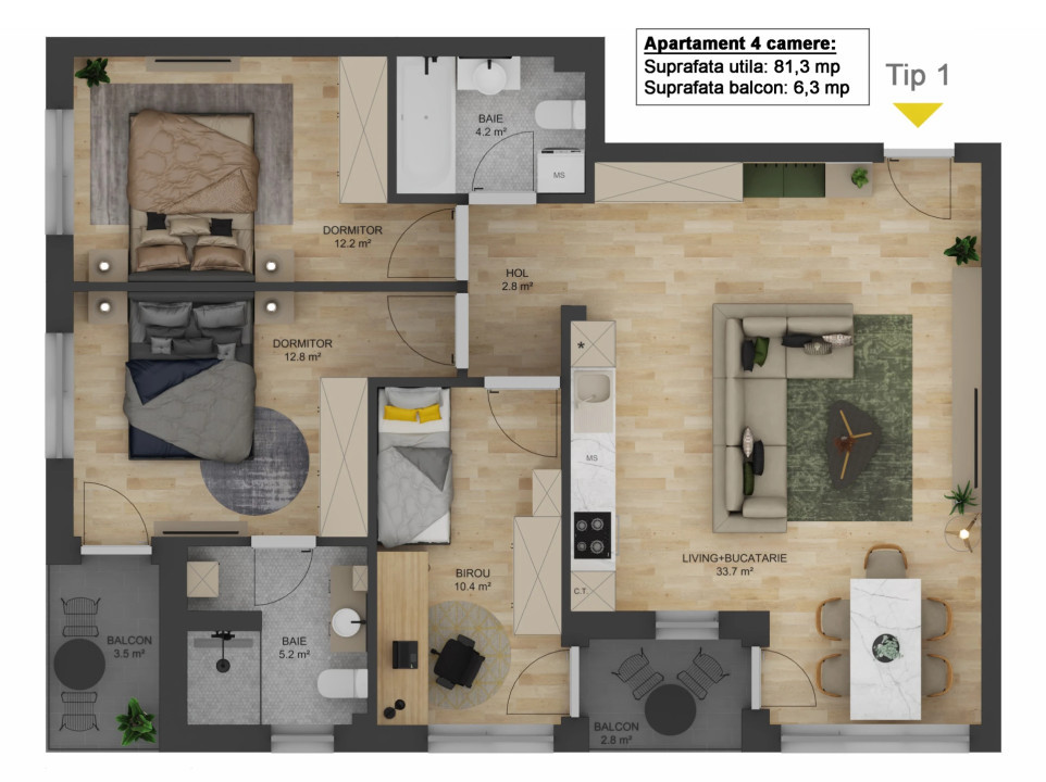 Apartament 4 camere - Tip I - 81,30 mp -  Doamna Stanca - COMISION 0 CUMPĂRĂTOR 