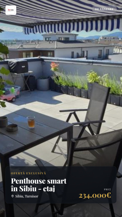 Penthouse smart în Sibiu - etaj retras, terasă generoasă