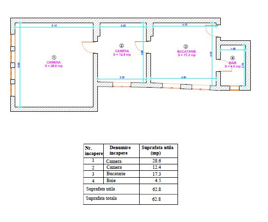 Apartament 2 camere – Centrul Istoric, str.Tribunei – Etaj 2 – 62.8 mp
