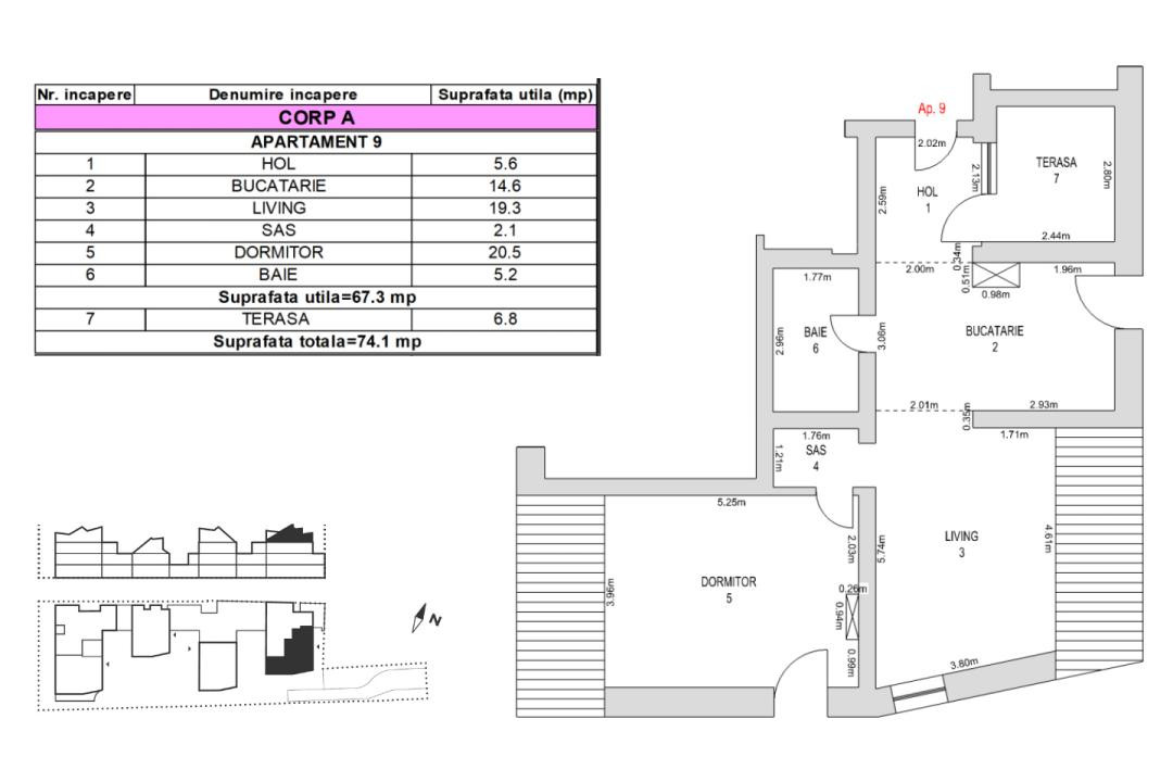 Apartament 2 camere, 74 mp, mansardă, terasă  6 mp