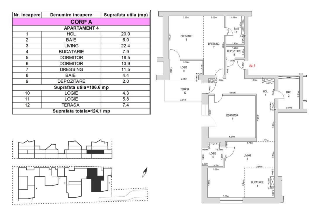 Apartament 3 camere, etaj 1, 116.7mp, terasă 7mp