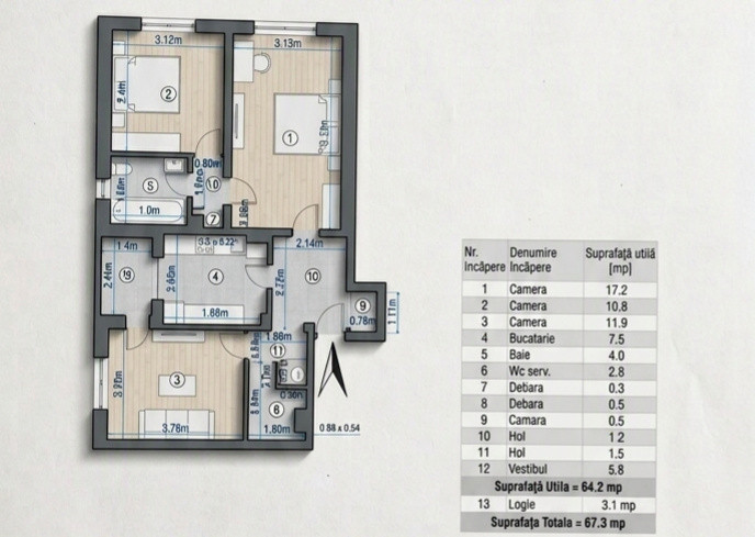 **Apartament cu 3 camere | 64,2 mp utili | 2 băi | Bloc 1985 | Etaj 7/8 | Sector