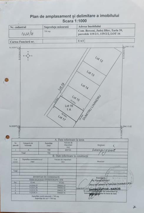 Lot teren 700 mp*Intravilan*Comuna Berceni*deschidere 17m