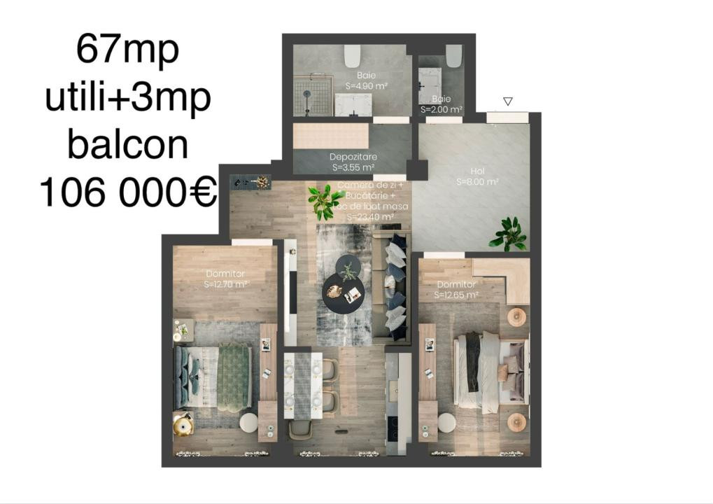 Apartament 3 camere – 67 mp utili + balcon 3 mp | 106.000 €