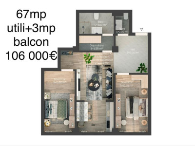 Apartament 3 camere – 67 mp utili + balcon 3 mp | 106.000 €