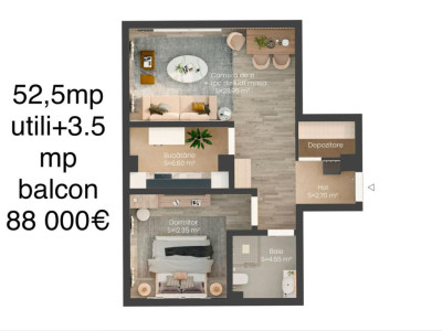 Apartament 2 camere – 52,5 mp utili + balcon 3,5 mp | 88.000 €