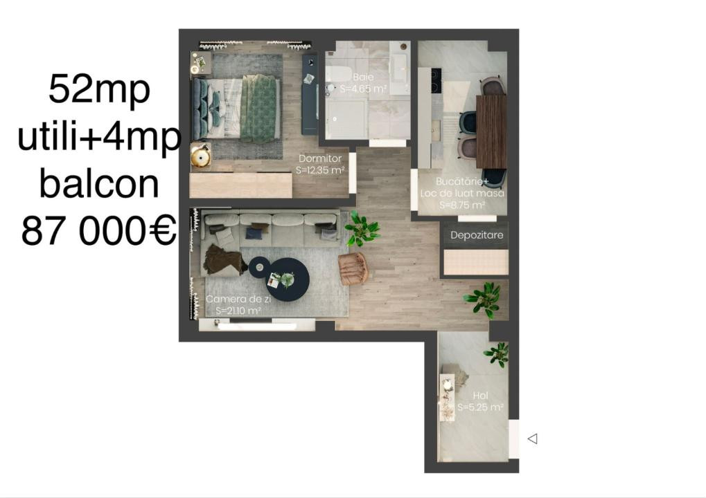 Apartament 2 camere – 52 mp utili + balcon 4 mp | 87.000 €