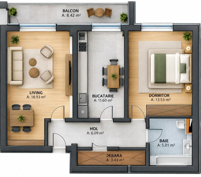 Apartament 2 Cam decomandate et 1 + balcon