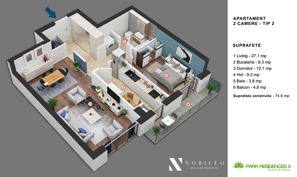 APARTAMENT 2 CAMERE*60 MP*PARCARE ACOPERITA INCLUSA*PARK RESIDENCE 6*BANEASA