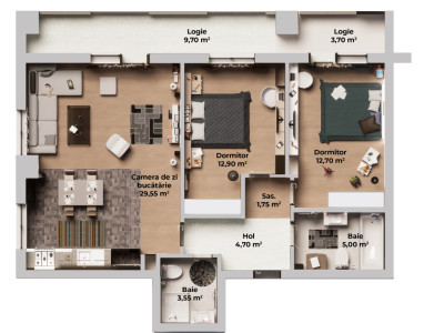 Apartament 3 camere - 2 bai - Logie 13.4 mp -Etaj Parter