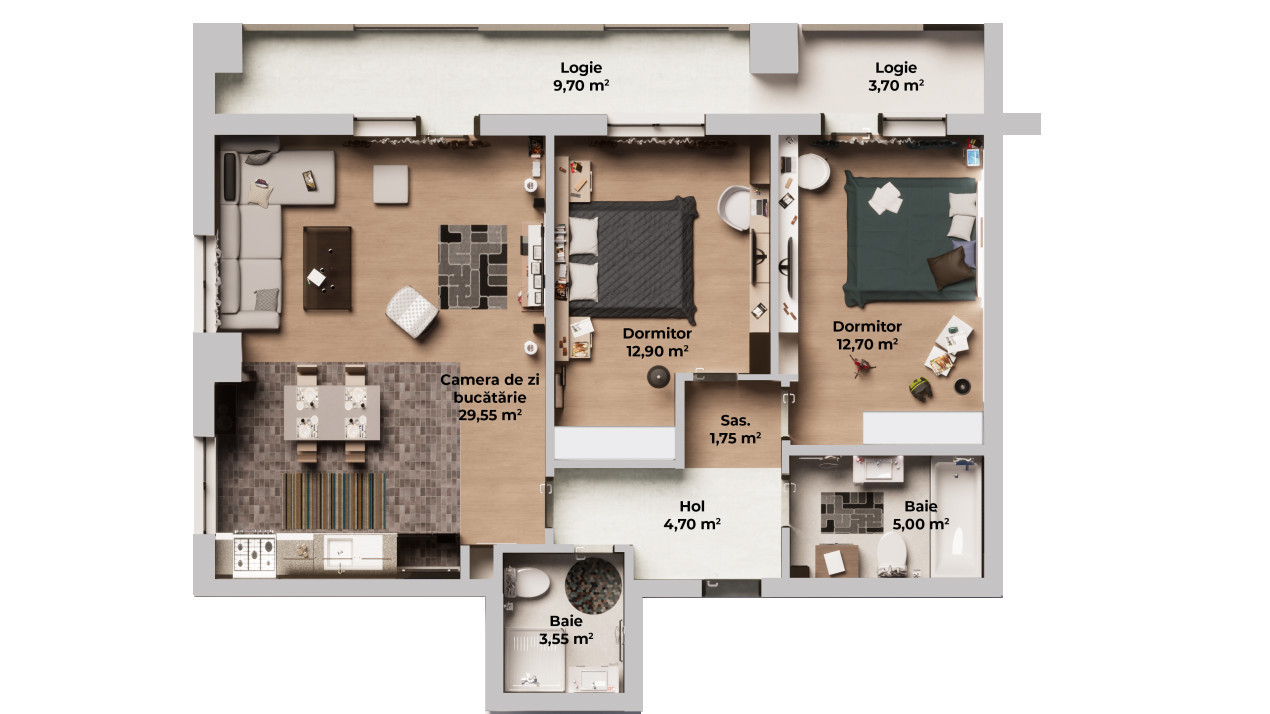 Apartament 3 camere - 2 bai - Logie 13.4 mp -Etaj 2