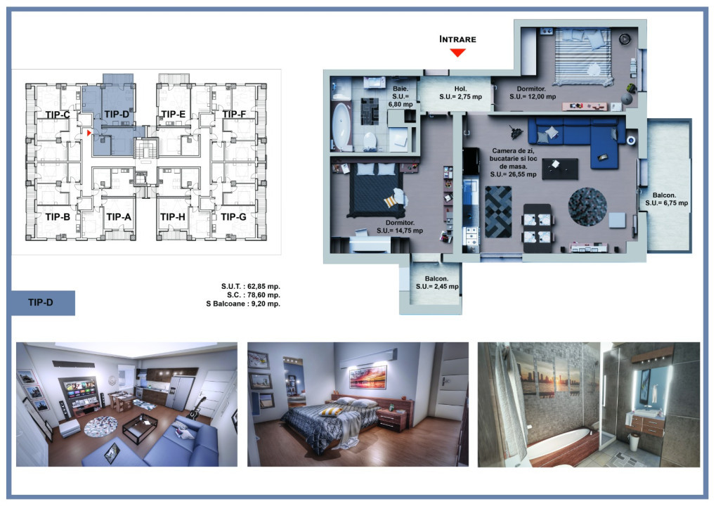 Apartament 3 camere - 2 balcoane 9,2 mp - Etaj 5