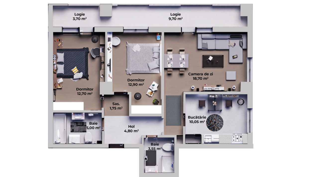 Apartament 3 camere - 2 bai - Logie 13.4 mp - Etaj 5