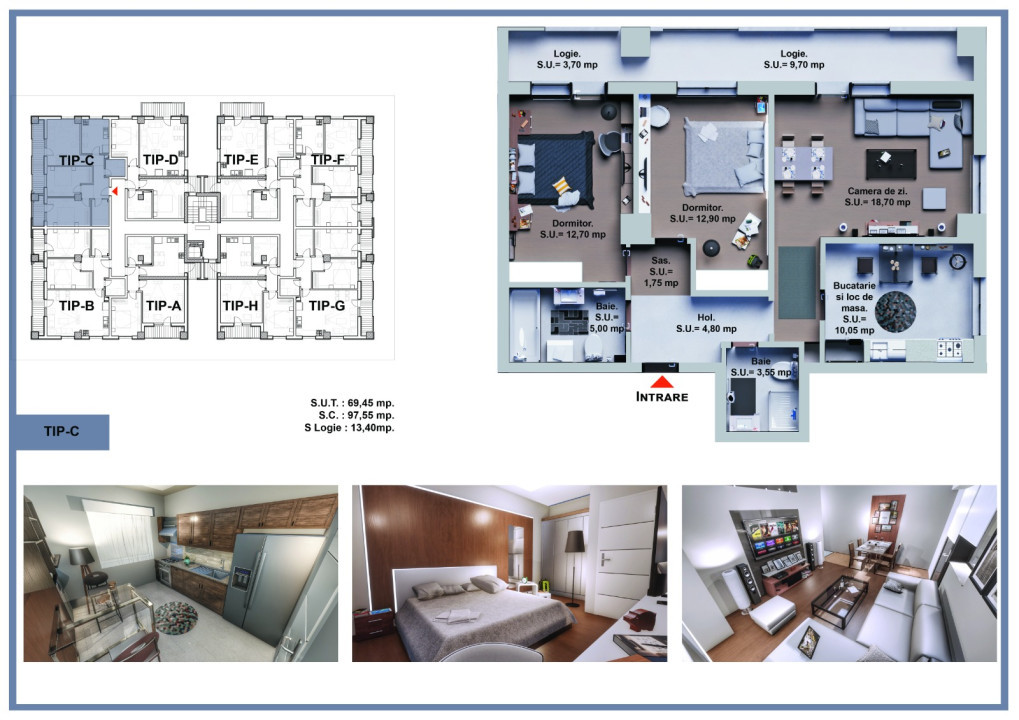 Apartament 3 camere - 2 bai - Logie 13.4 mp - Etaj Parter