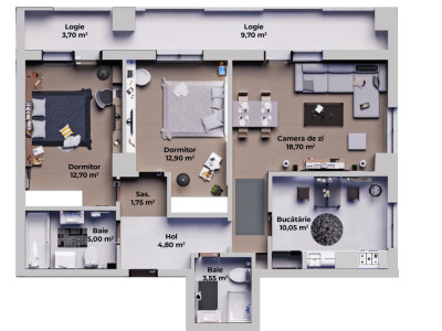 Apartament 3 camere - 2 bai - Logie 13.4 mp - Etaj Parter